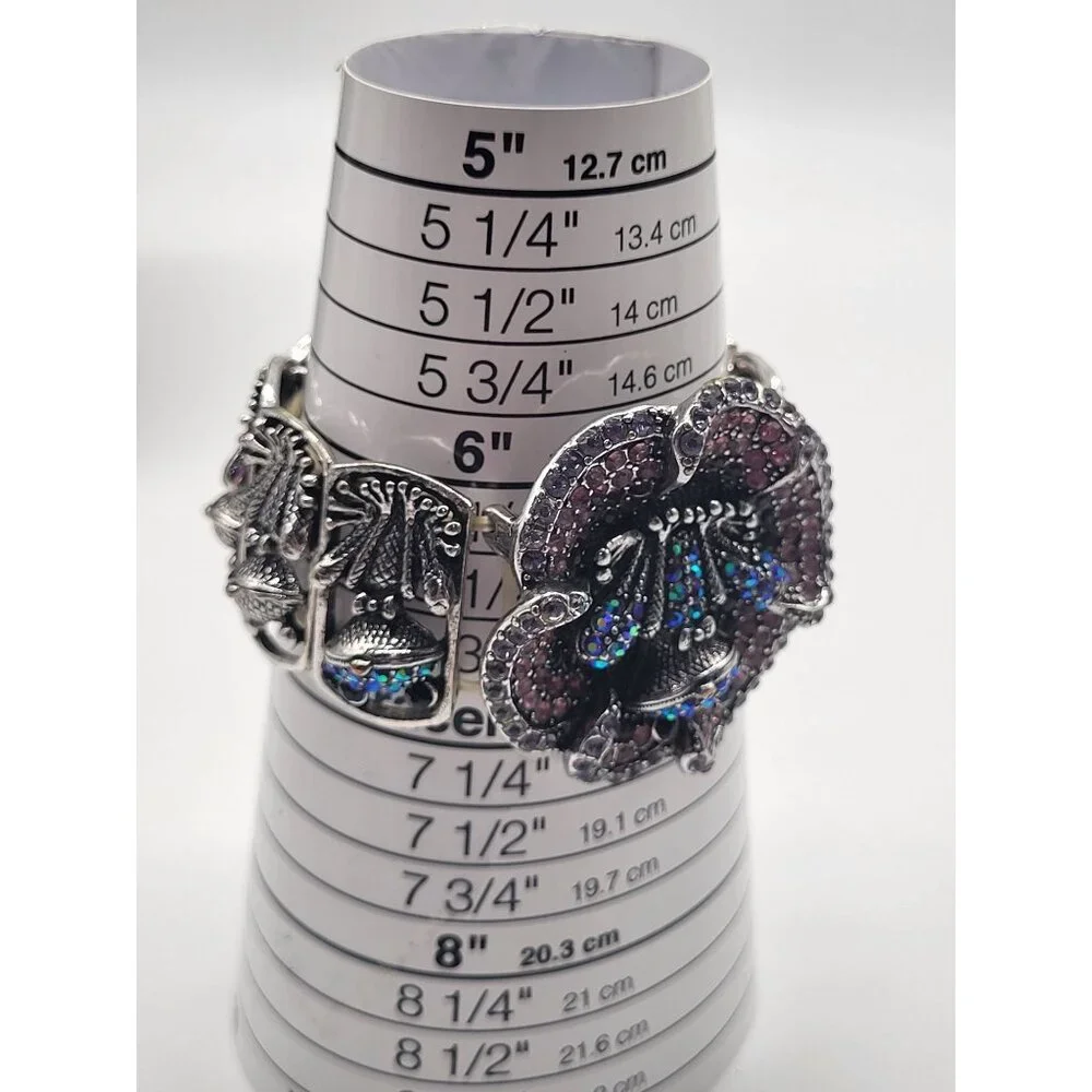 YUHONG Rhinestone Stretch Silver Tone Bracelet FROG Whimsical Bling Fairy Flower - Picture 10 of 12